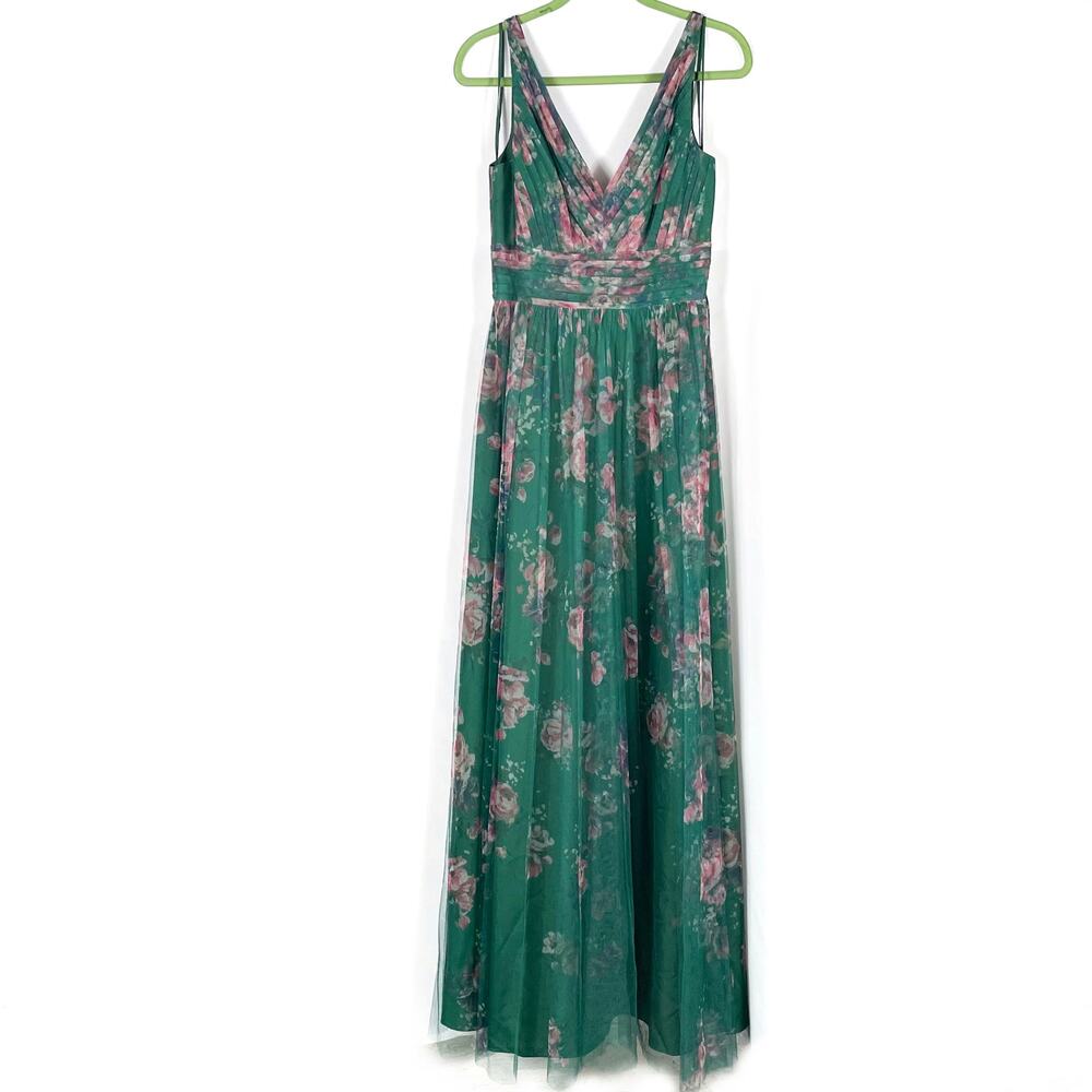 Marchesa Bridesmaid Floral Gown‎ Green Pink Tulle Dress V-Neck Sleeveless Sz 6